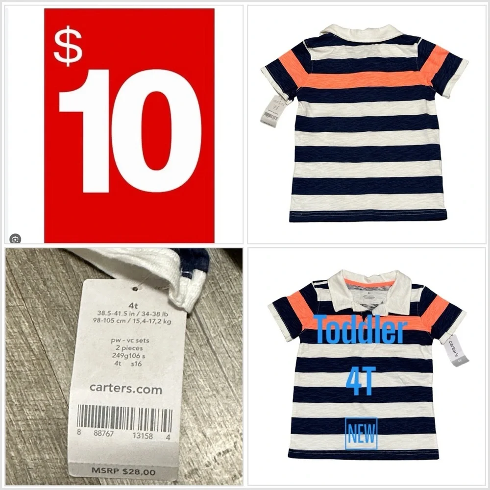 Boys Carters Toddler 4T Polo Shirt Top Stripes Blue Neon Orange Short Sleeve NWT